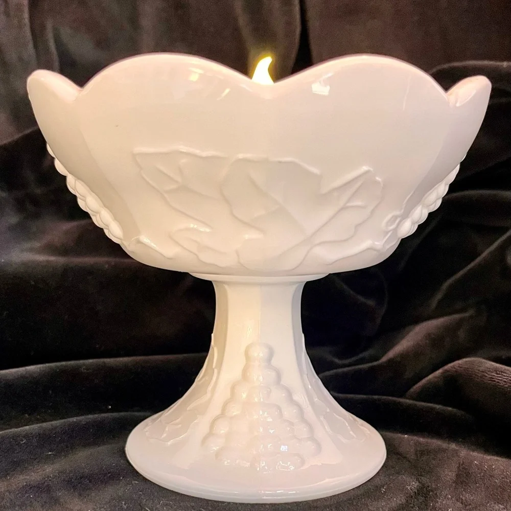 Indiana Glass Colony Harvest White Milk Glass Pedestal Candle Holder Grape VTG